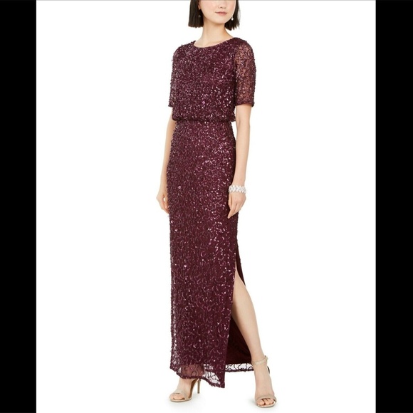 NWT $289 Adrianna Papell Blouson Sequin Gown in‎ Cassis [SZ 6 ] - Picture 4 of 13